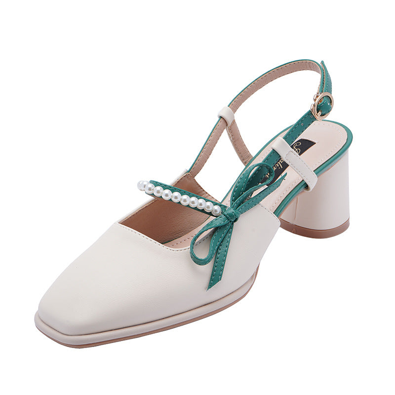 Style Chunky Spring Pearl Mid Back Empty Bow Heels