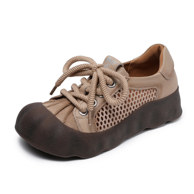 Women's Retro Mesh Surface First Layer Cowhide Casual Shoes