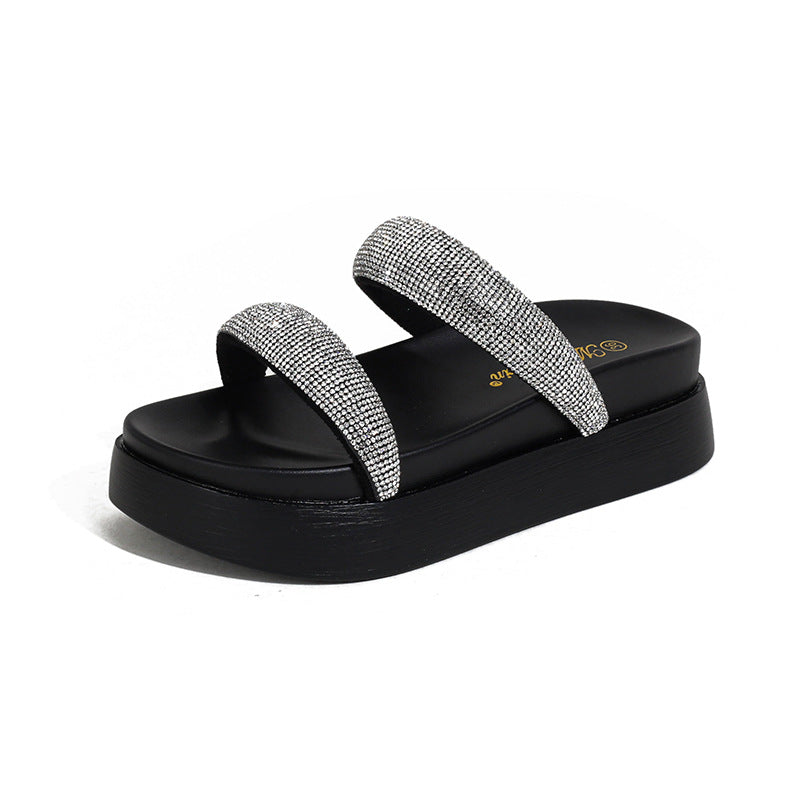 Women's Galaxy Paradise Rhinestone Double Strap Muffin Platform Outer Slippers