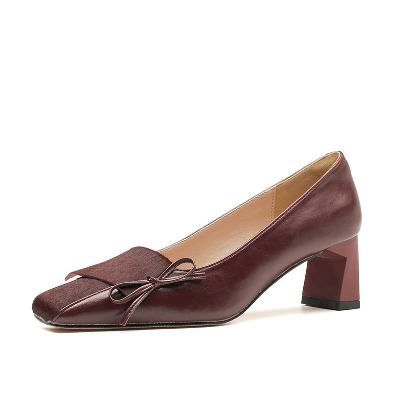 French Retro Wine Red Wedding Temperament Square Toe Heels