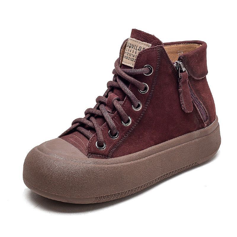 Women's Shu Side Zipper Thin First Layer Cowhide Platform Round Casual Shoes