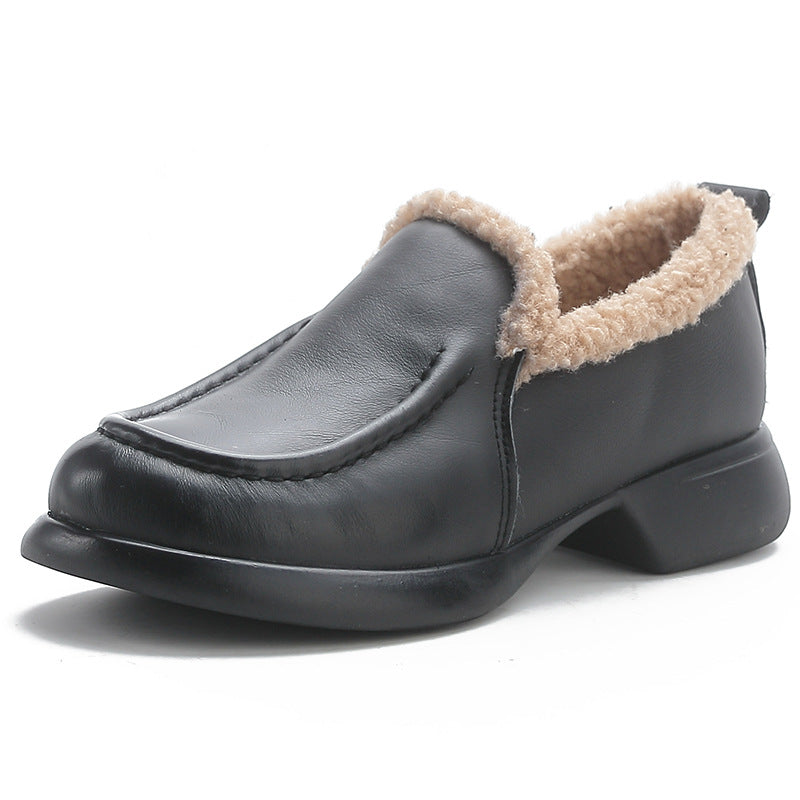 Cowhide Fluffy Thick Bottom Winter Plush Chunky High Loafers