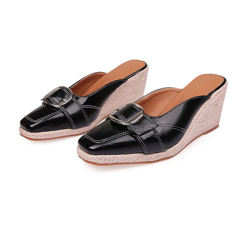 Women's Toe Wedge Closed Buckle High Platform Straw Woven Slippers