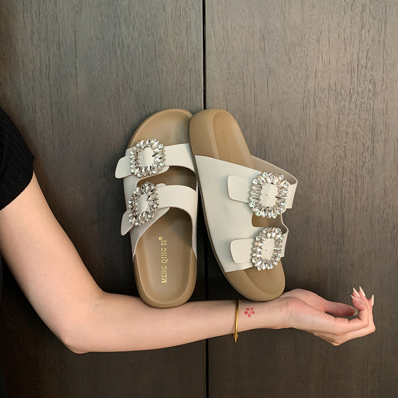 Women's Rhinestone Genuine Double Strap Small Platform Summer Sandals