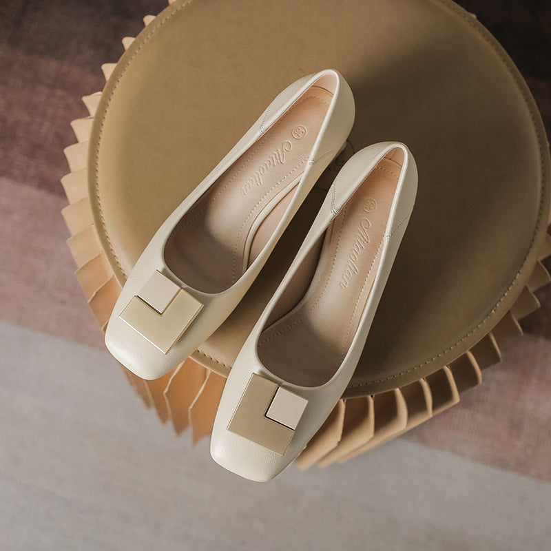 Women's Spring Square Toe Genuine Chunky Fashion Casual Shoes
