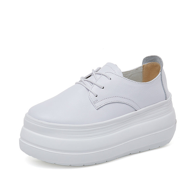 Women's Cowhide Platform White Round Head Pumps Lace Casual Shoes