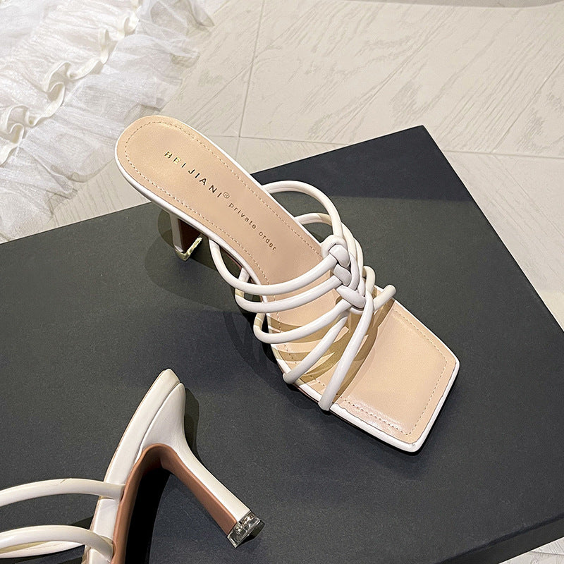 Women's Weave Thin Strap High Stiletto Square Heels