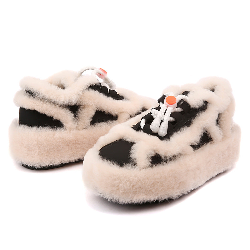 Women's Fleece-lined Lamb Fur Personality Stitching Snow Boots