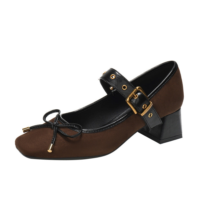 Bow Frosted Belt Buckle Mary Jane Female Chunky Women's Shoes