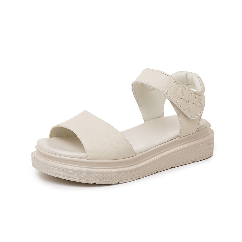 Women's Top Layer Cowhide Large Round Head Leisure Flat For Sandals