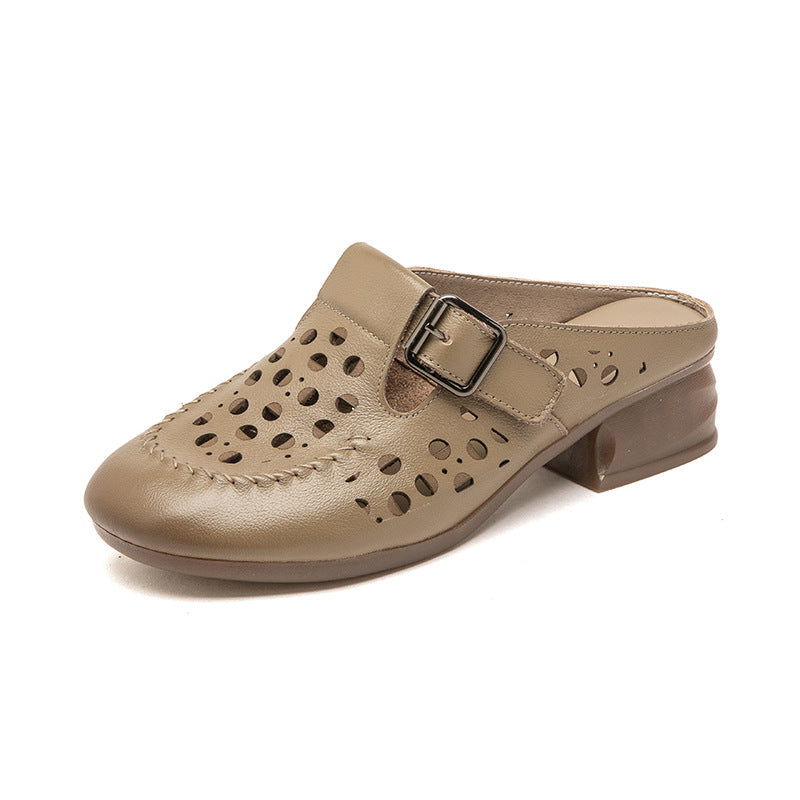 Women's Chunky Breathable Hollowed Toe Box Mother's First Layer Cowhide Heels
