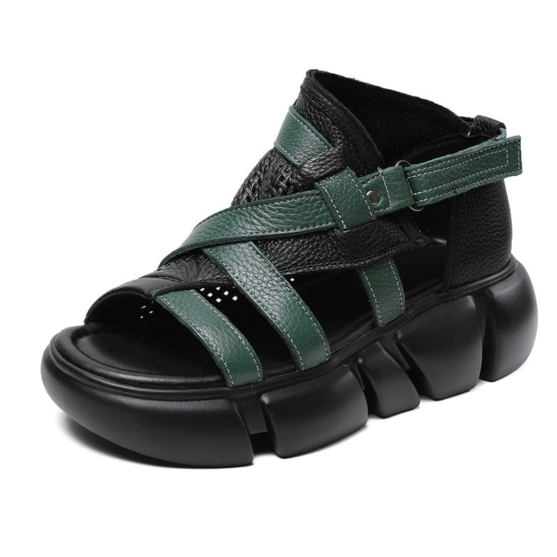 Women's Layer Cowhide Open Toe Peep Color Stitching Roman Sandals