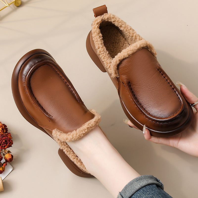 Cowhide Fluffy Thick Bottom Winter Plush Chunky High Loafers