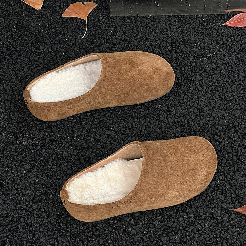 Women's Vintage Genuine Fluffy Outer Wear Thick Bottom Lamb Woolen Slippers