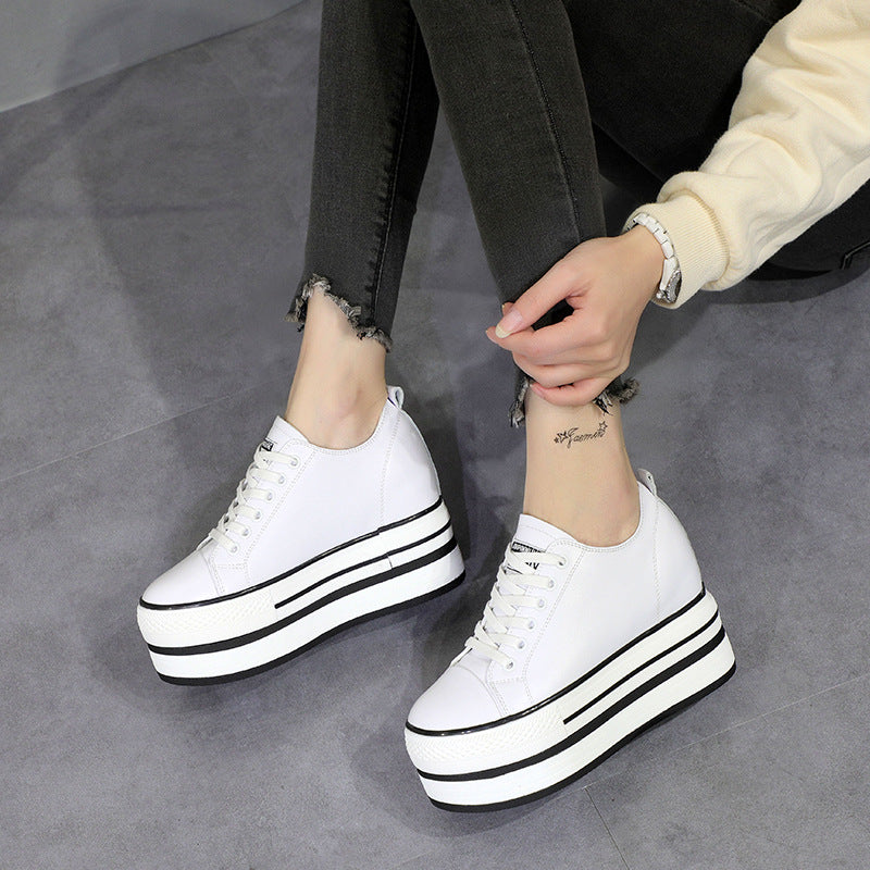 Women's White Height Increasing Insole Classic Korean Sneakers