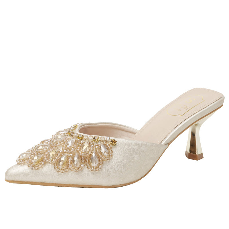 Women's Half Outer Wear Rhinestone Pointed Plus Size High Heels
