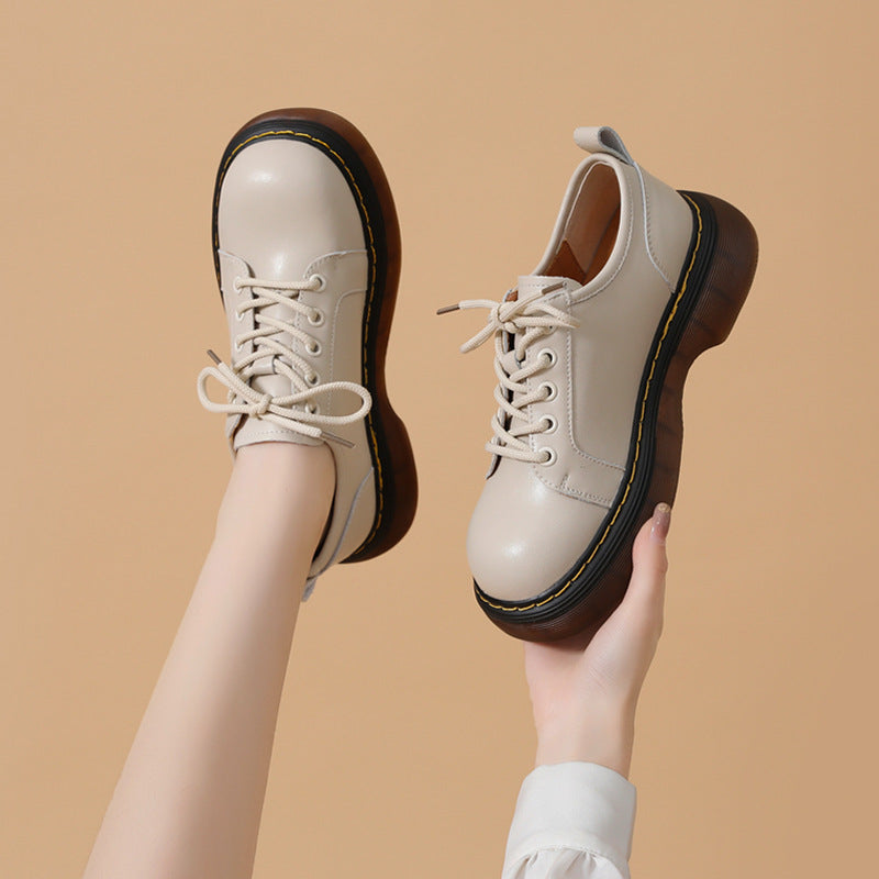 Women's Autumn British Style Round Head Lace Plus Leather Shoes