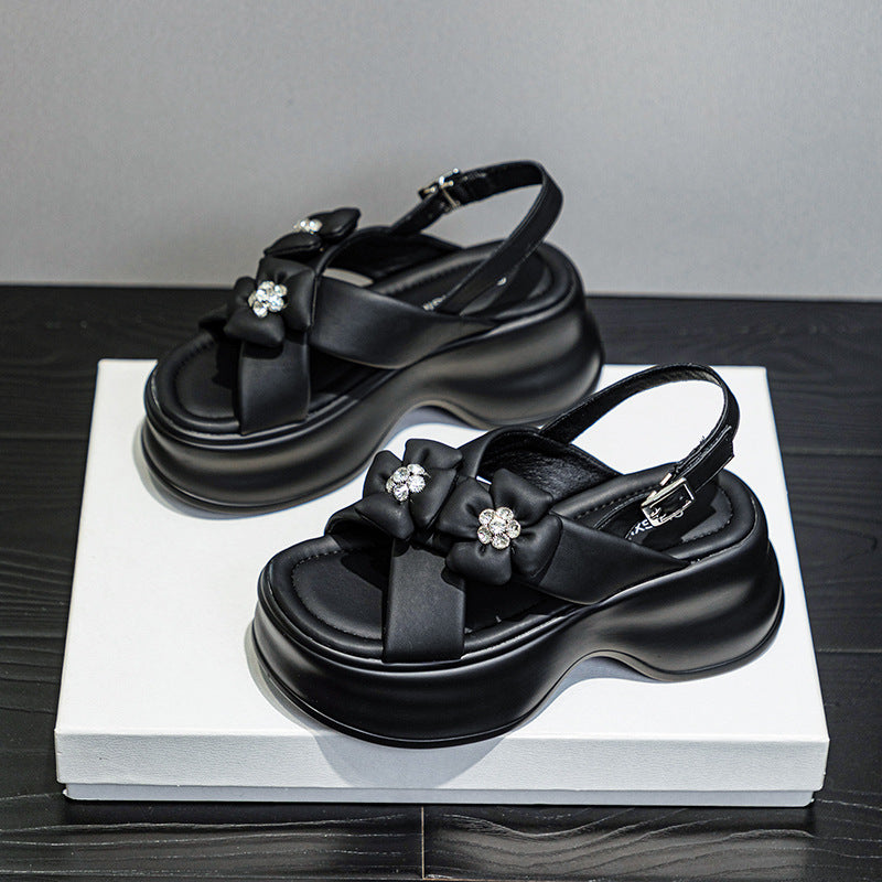 Women's Platform Summer Height Increasing Rhinestone Bow Sandals