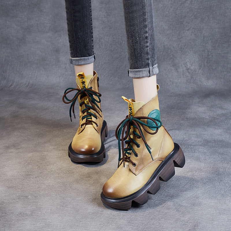 Women's Platform Wedge Booties Versatile Retro Cotton Lace Up Boots