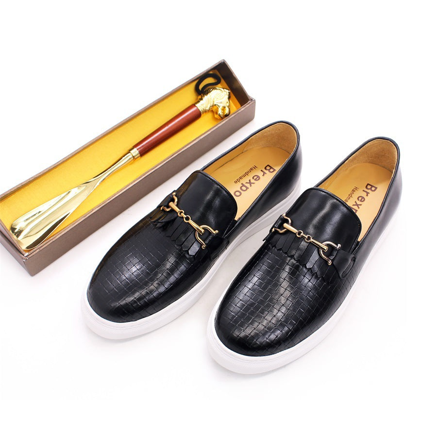 Men's Toe Pumps Flat Woven Pattern Handmade Leather Shoes