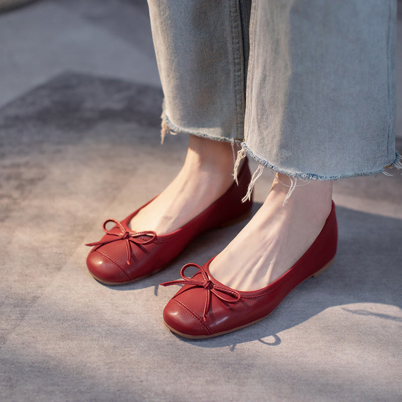 Women's Calfskin Flat Round Toe Bowknot Shallow Casual Shoes