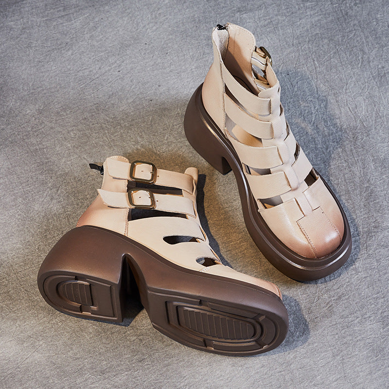 Women's Cowhide Summer Vintage Brogue Roman Subnet Sandals