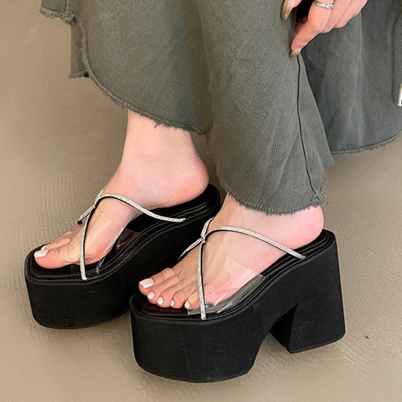 Platform Wedge Super High Transparent Rhinestone Slippers