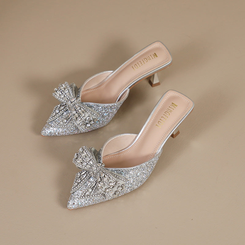 Women's Rhinestone Bow Closed Toe Half Summer Heels