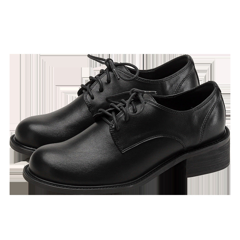 Women's Black Chunky British Style Lace Up Leather Shoes