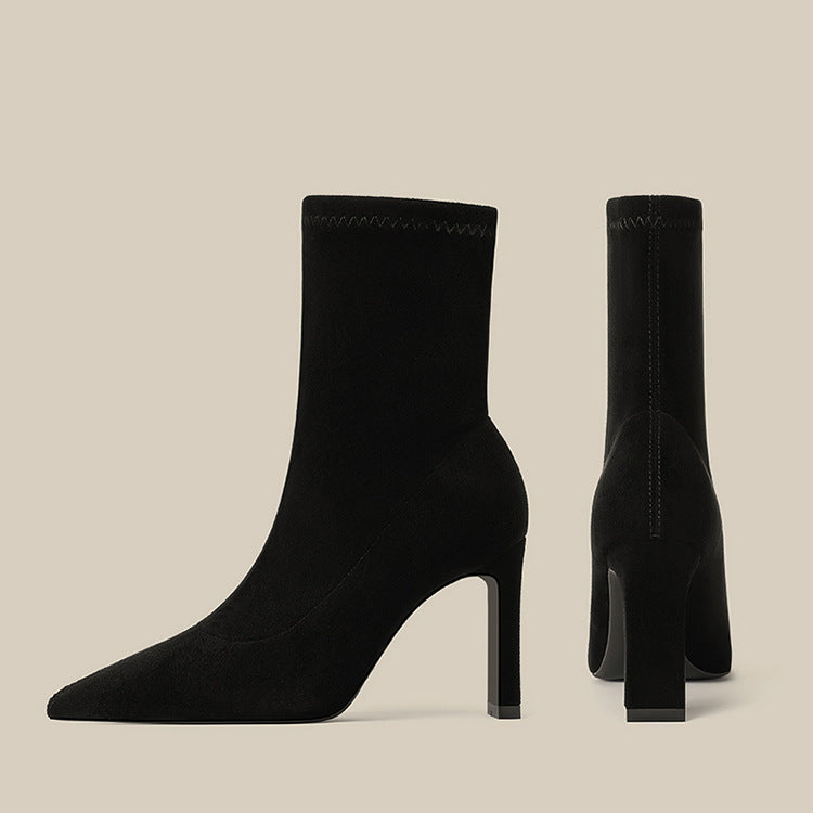 Women's Pointed Toe Stretch Ankle Suede Stiletto Design Temperament Socks Heels