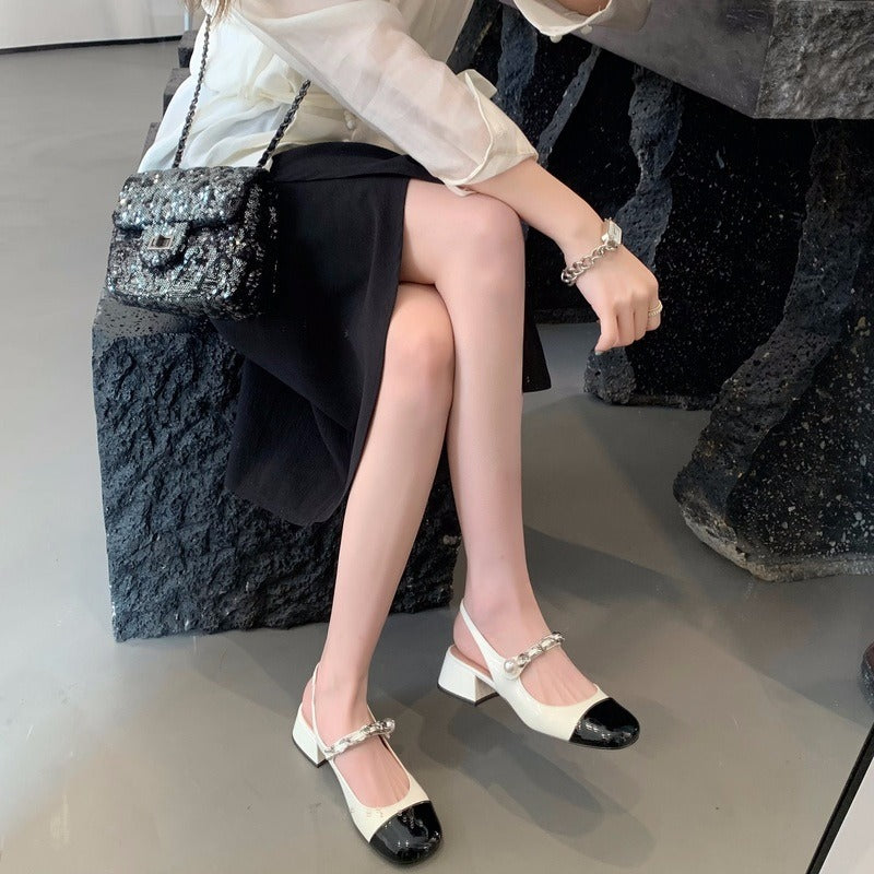 Women's Style Pearl Chain Low-cut Back Empty Heels
