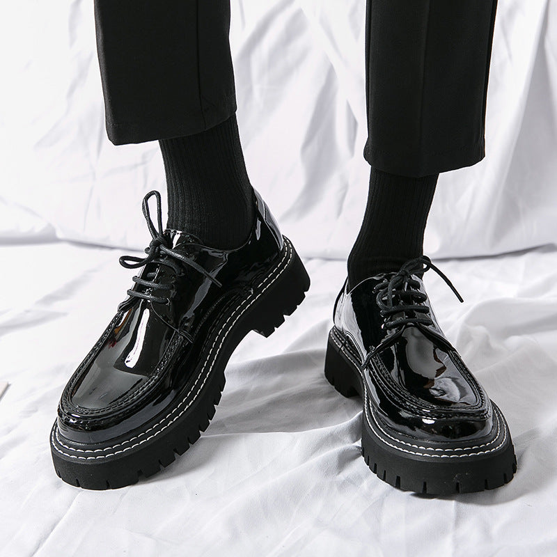 Men's British Glossy Business Black Thick Bottom Leather Shoes