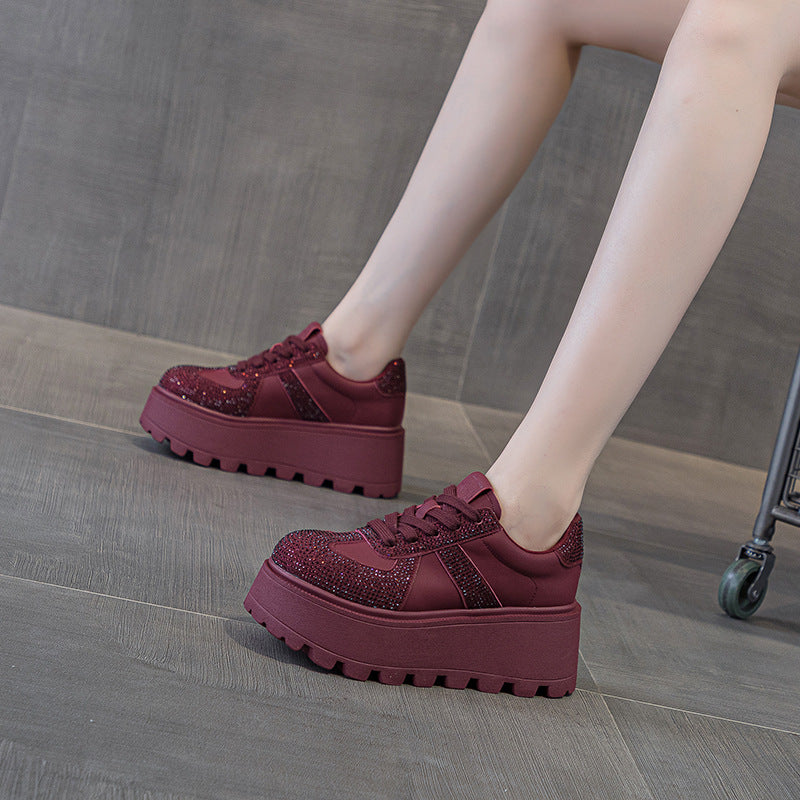 Women's Thick Bottom Spring Height Increasing Retro Frosted Plus Rhinestone Fashion Women's Shoes
