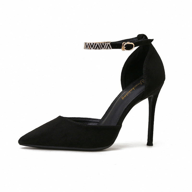 Women's Pointed Toe Hollow Suede Black Buckle Korean Style Heels
