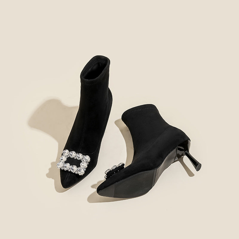 Women's Pointed Toe High-heeled Skinny Fleece-lined Rhinestone Boots