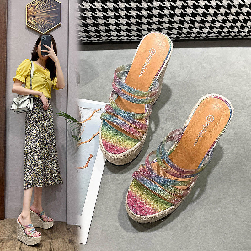 Catwalk Cross Strap Platform Straw Woven Hemp Slippers