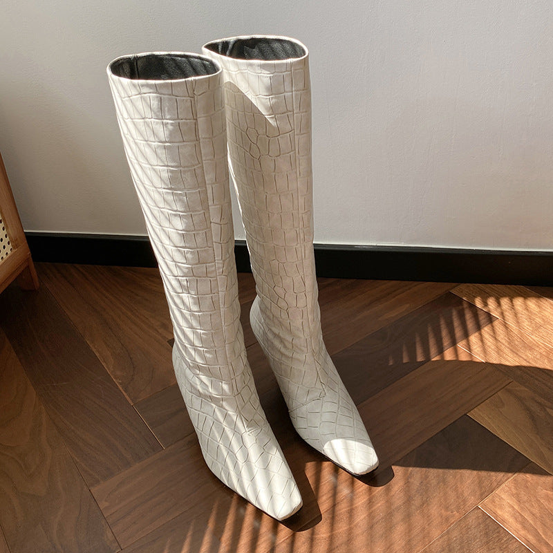 Square Toe High White Knight Crocodile Boots