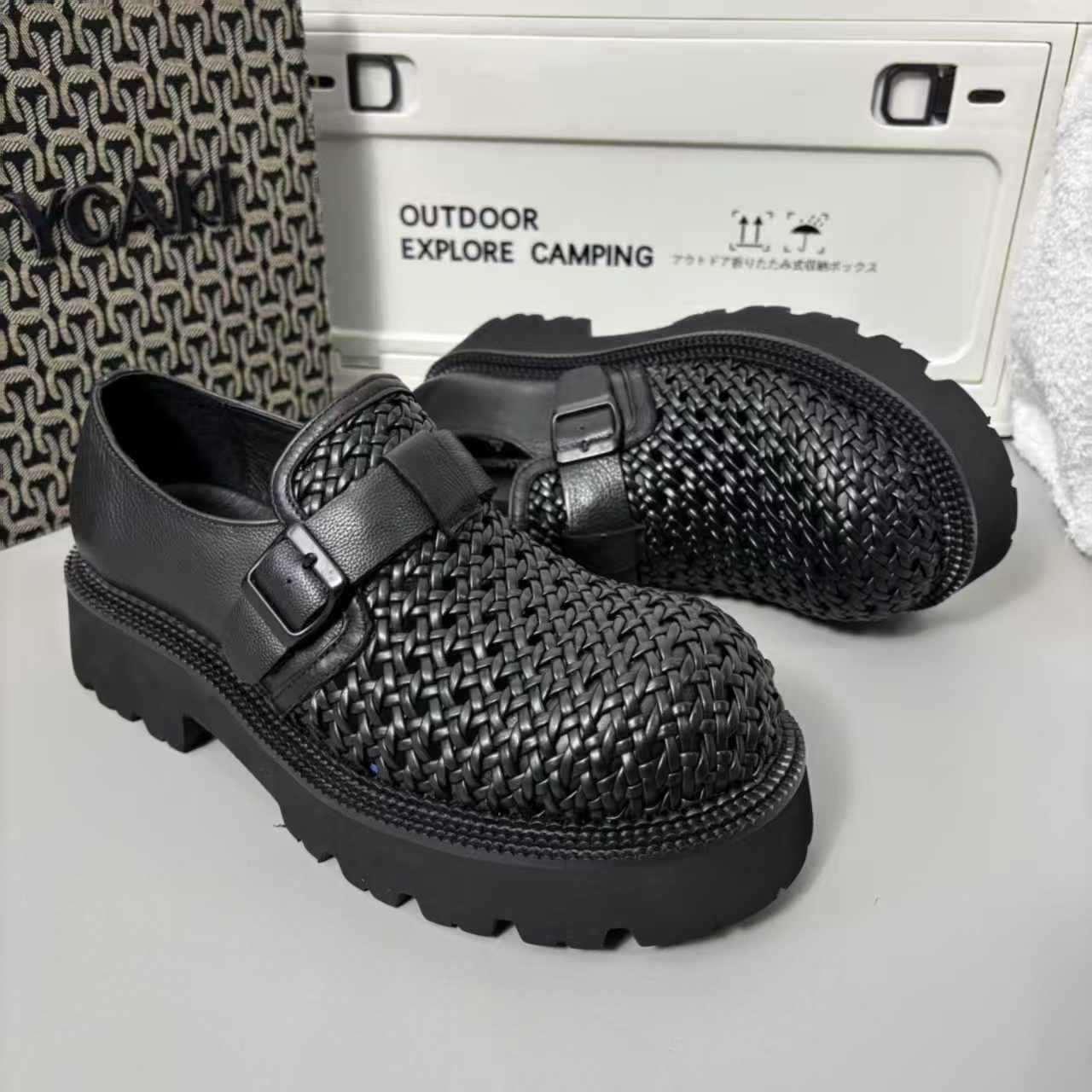Men's Platform Tide Hand-woven Slip-on Hollow Breathable Business Height Leather Shoes