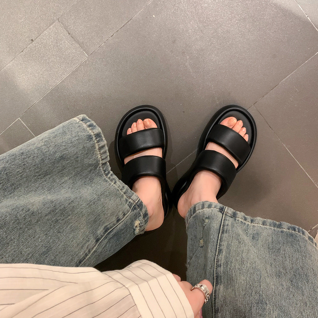 Women's Sheepskin Double Strap Bread Platform Height Slippers