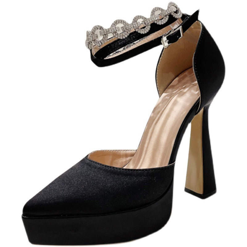 Women's High Chunky Waterproof Platform Pointed Toe Cap Buckle Rhinestone Heels