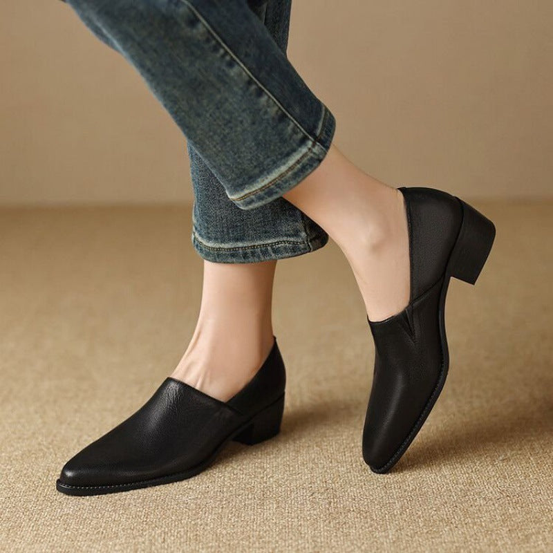 Women's Small Comfortable Root Wild Fashion Solid Color Leather Shoes