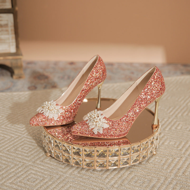 Women's French Style High-grade Champagne Wedding Stiletto Not Heels