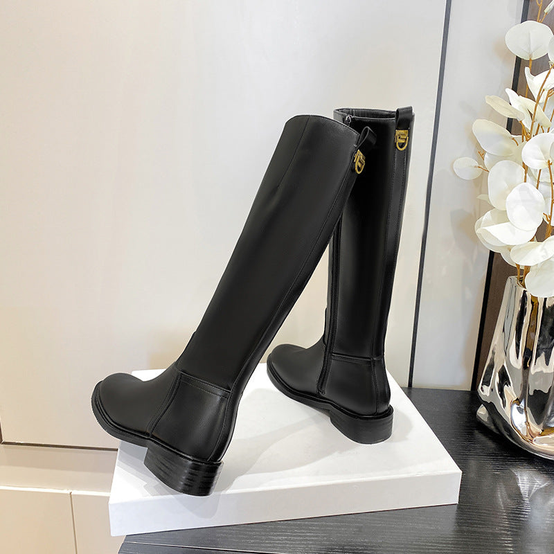 Women's Zipper High Leg Slimming Flat Chunky Boots