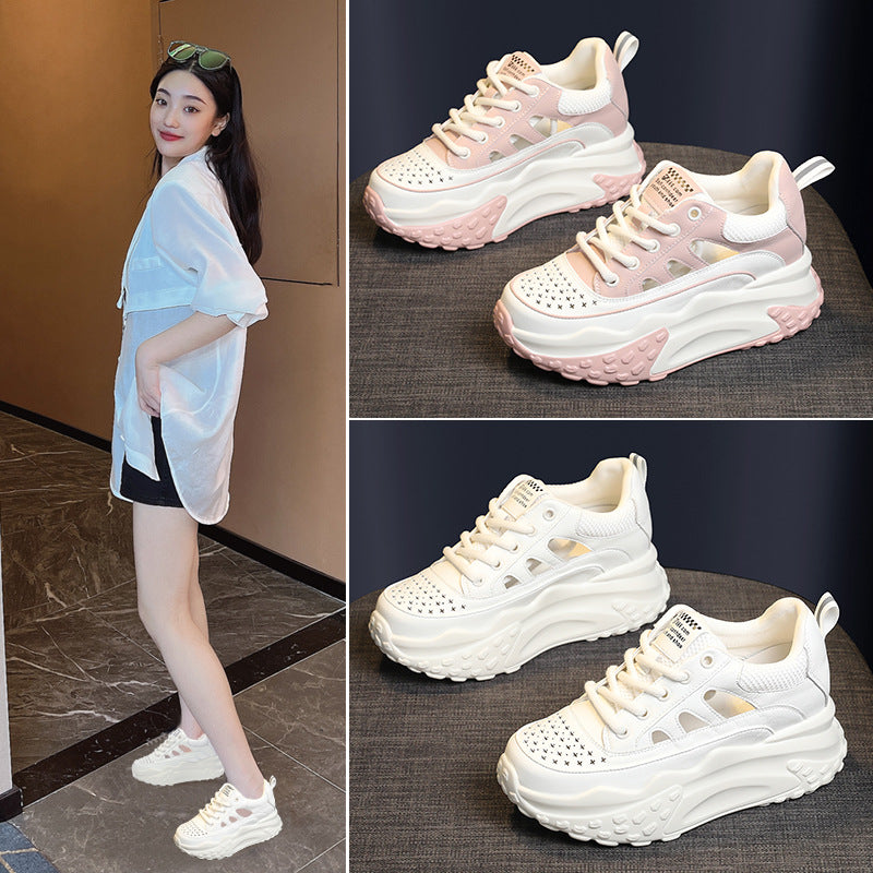Women's Hollowed White Summer Height Increasing Insole Casual Shoes