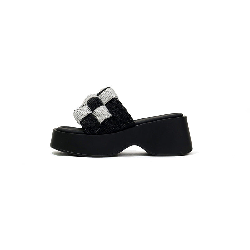 Women's Black White Chessboard Plaid Platform Height Slippers