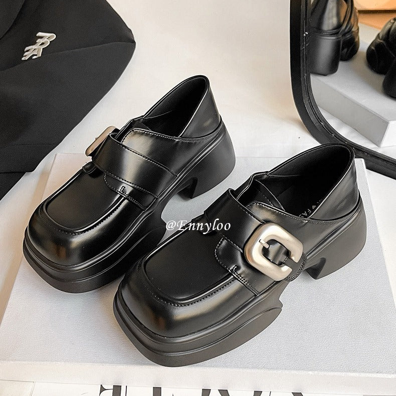 Women's Genuine Elevator Autumn Square Toe Chunky Loafers