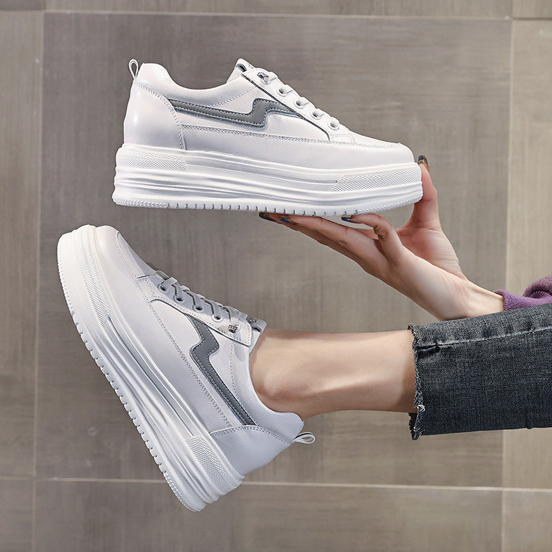 Women's White Spring First Layer Cowhide Thick-soled Casual Shoes