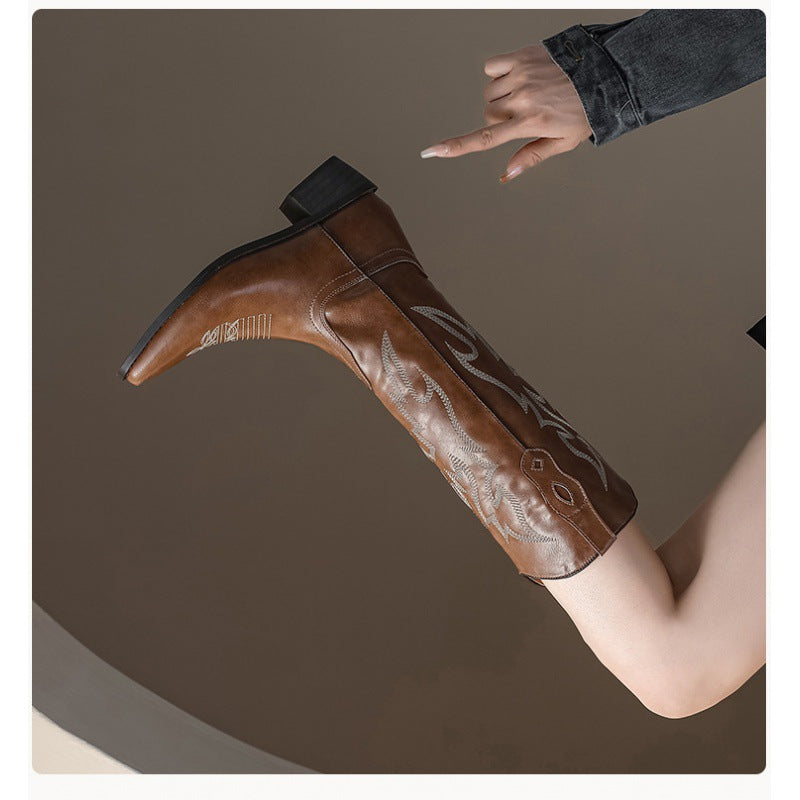 Women's Cowboy Chunky Embroidery Knight Retro Plus Boots