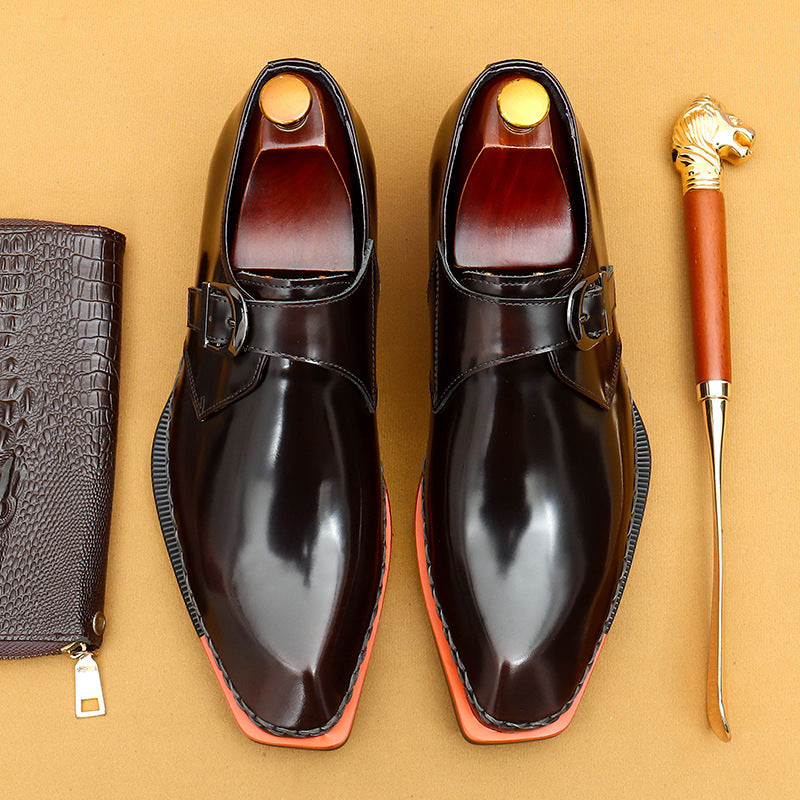 Men's High-grade Patent Glossy British Buckle Business Leather Shoes