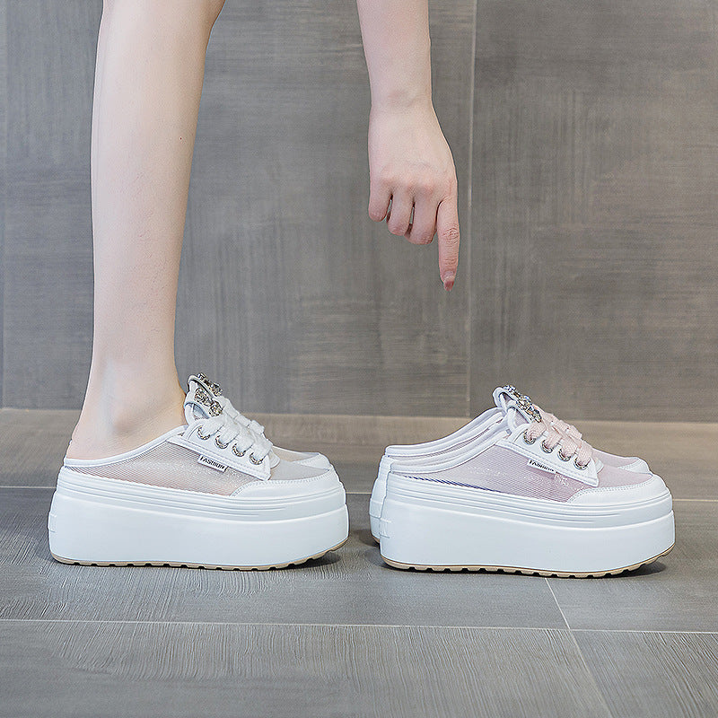 Women's Breathable Mesh Rhinestone Platform Increased Trendy Slippers